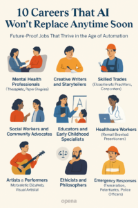 Infographic showing 10 careers that AI won't replace, including therapists, electricians, artists, and educators.
